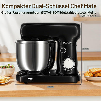DOBBOR Küchenmaschine Knetmaschine 1500W Mit 2.5L+3L Dual-Schalen, 10-Gang(Schwarz)