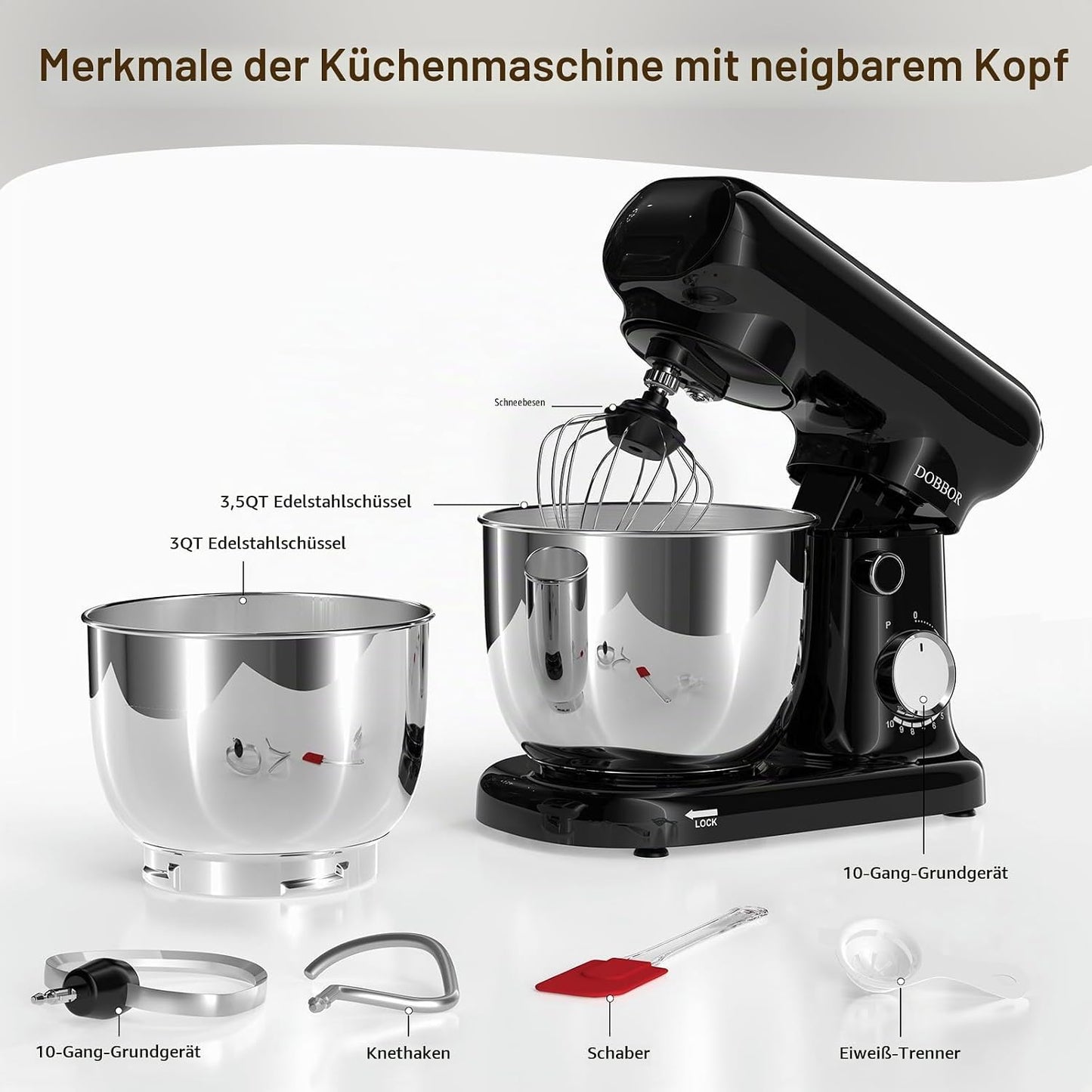 DOBBOR Küchenmaschine Knetmaschine 1500W Mit 2.5L+3L Dual-Schalen, 10-Gang(Schwarz)