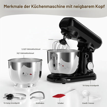 DOBBOR Küchenmaschine Knetmaschine 1500W Mit 2.5L+3L Dual-Schalen, 10-Gang(Schwarz)