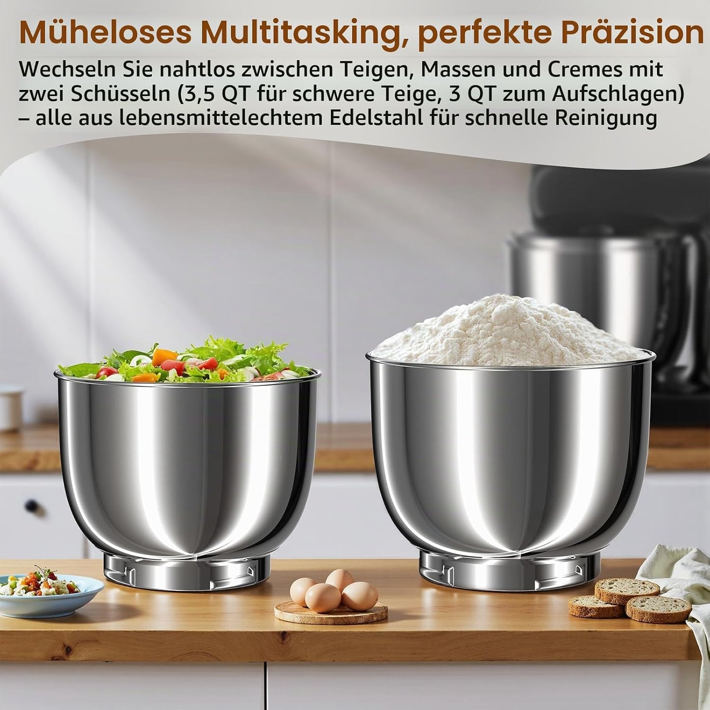 DOBBOR Küchenmaschine Knetmaschine 1500W Mit 2.5L+3L Dual-Schalen, 10-Gang(Schwarz)