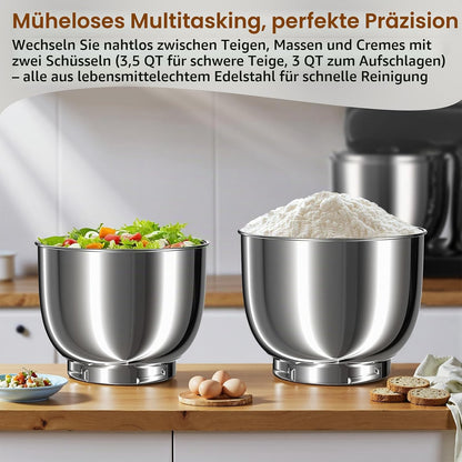 DOBBOR Küchenmaschine Knetmaschine 1500W Mit 2.5L+3L Dual-Schalen, 10-Gang(Schwarz)