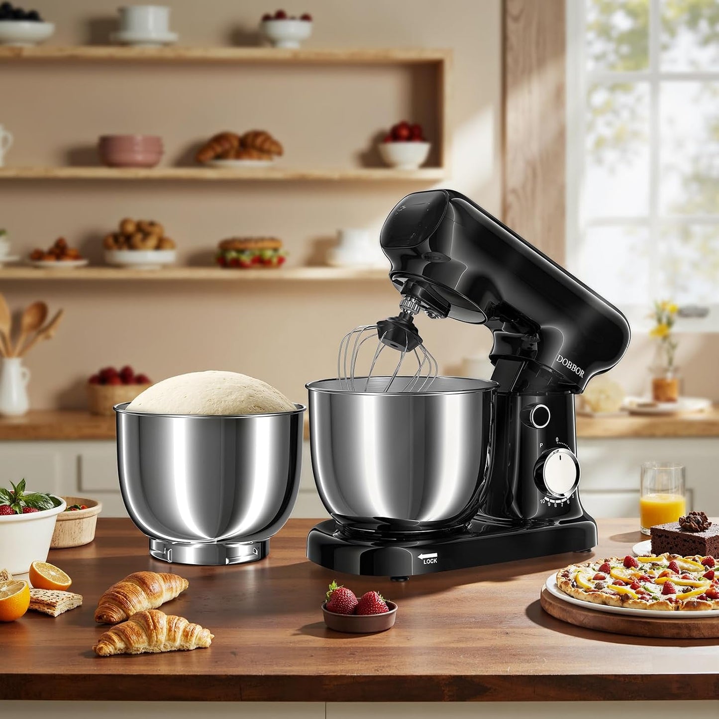 DOBBOR Küchenmaschine Knetmaschine 1500W Mit 2.5L+3L Dual-Schalen, 10-Gang(Schwarz)