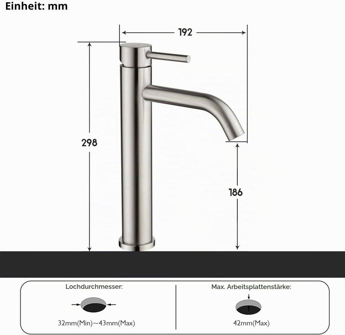 Decaura hoch Waschtischarmatur Badezimmer Bad Wasserhahn mit Auslaufhöhe 190mm