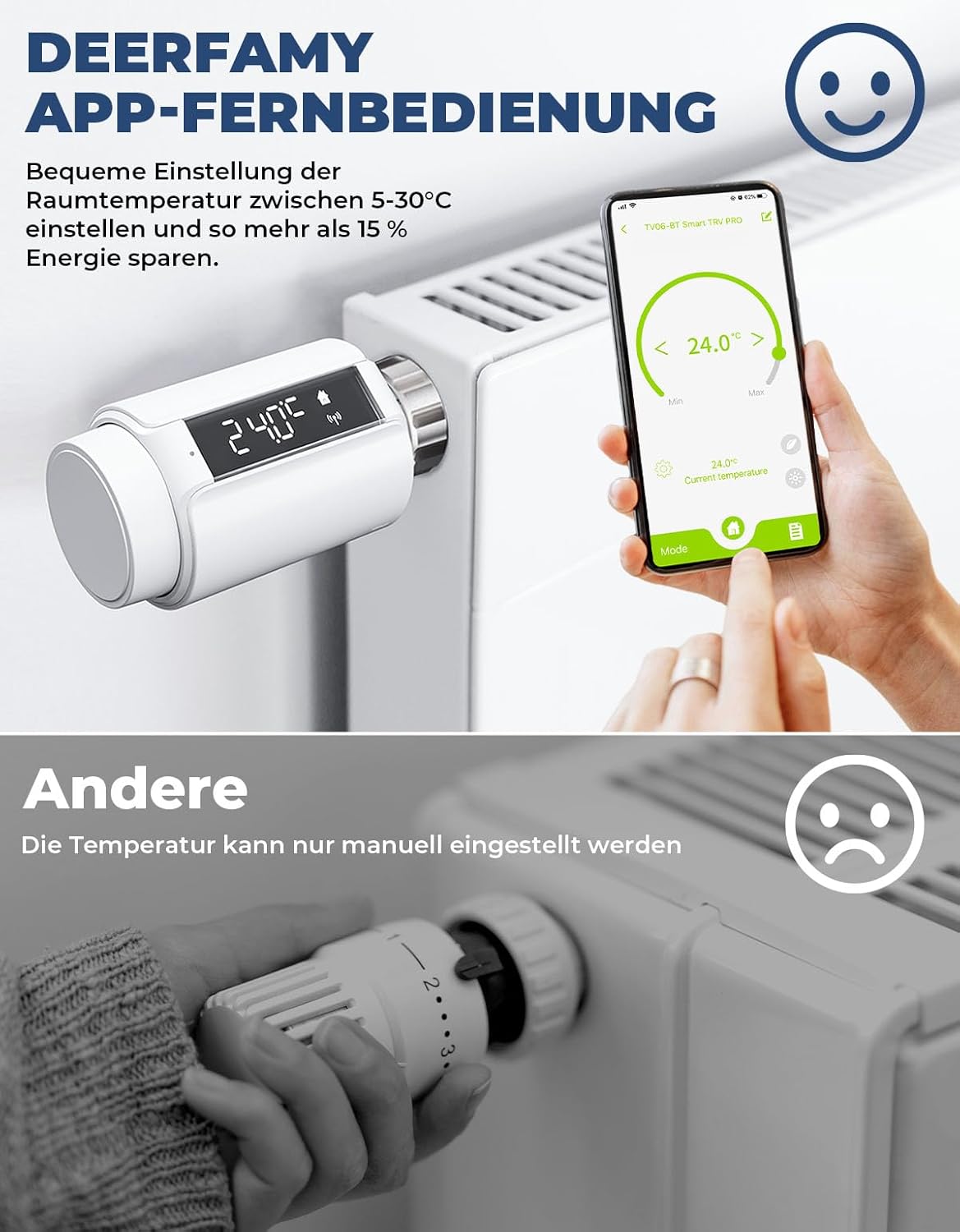 2 X DEERFAMY Smartes Heizkörperthermostat,APP-Fernbedienung, Temperatureinstellung, Digitaler