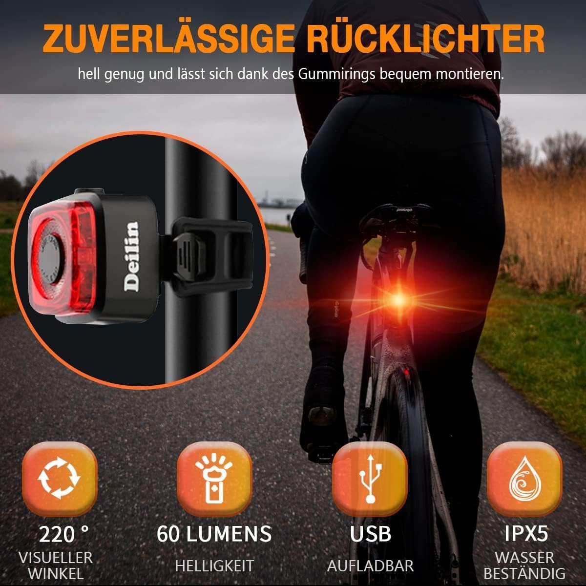 Deilin Fahrradlicht Set, bis zu 70 Lux LED Fahrradbeleuchtung USB Aufladbar