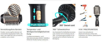 Dee Banna Heißluftbürste Multifunktions-Föhnbürste Heißluftkamm mit 3 Temperaturen und 2 Luftstromstufen Negativ Lon Stylingbürsten Volumizer Styler Heißluftbürste für alle Haartypen