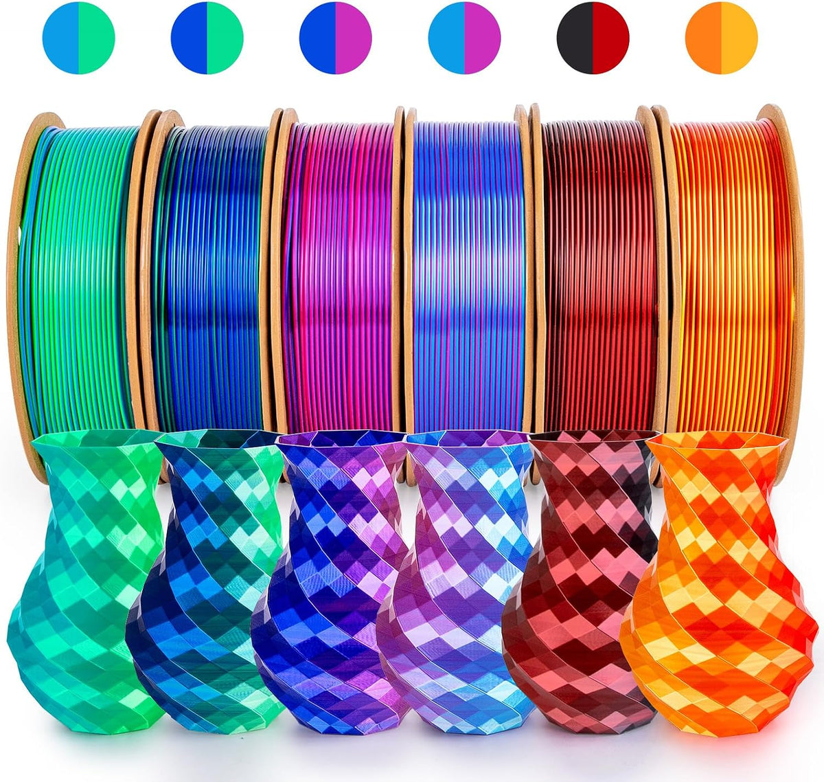 Dikale Silk PLA+ 3D-Druck Filament Zweifarbig 6er Pack - 1.75mm, 250g x 6 Spulen Bundle