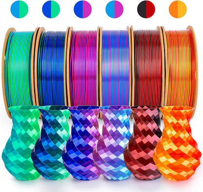Dikale Silk PLA+ 3D-Druck Filament Zweifarbig 6er Pack - 1.75mm, 250g x 6 Spulen Bundle