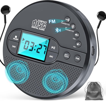 Discman-CD-Player 2000mAh mit Bluetooth-FM-Transmitter, Kopfhörern, LCD-Bildschirm, AUX,