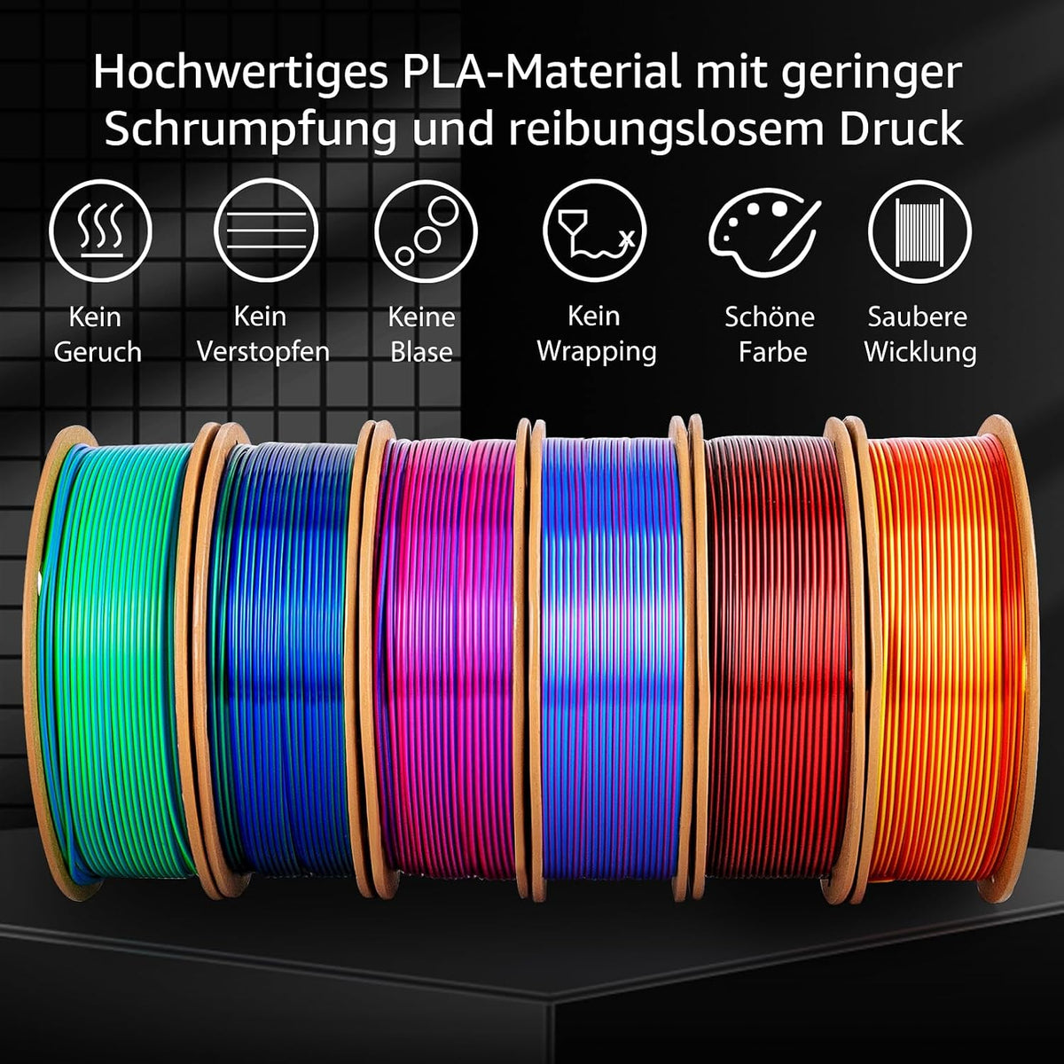 Dikale Silk PLA+ 3D-Druck Filament Zweifarbig 6er Pack - 1.75mm, 250g x 6 Spulen Bundle
