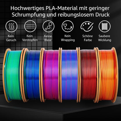 Dikale Silk PLA+ 3D-Druck Filament Zweifarbig 6er Pack - 1.75mm, 250g x 6 Spulen Bundle