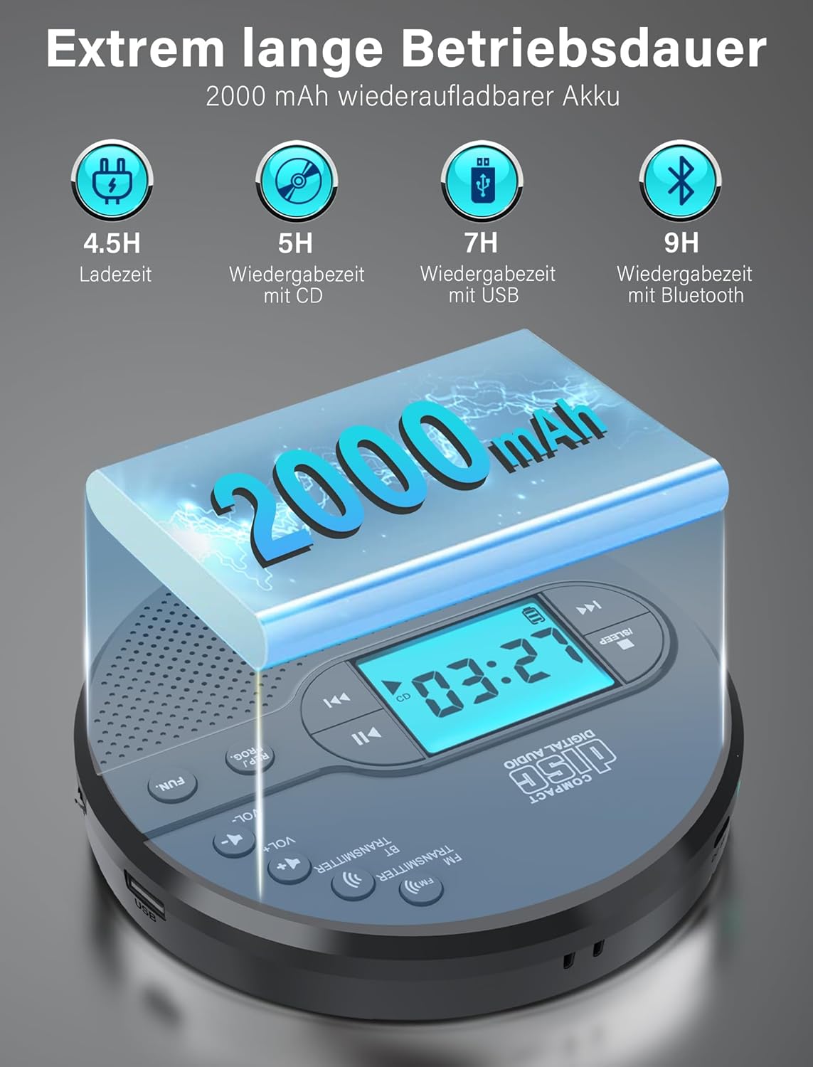 Discman-CD-Player 2000mAh mit Bluetooth-FM-Transmitter, Kopfhörern, LCD-Bildschirm, AUX,