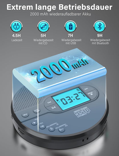 Discman-CD-Player 2000mAh mit Bluetooth-FM-Transmitter, Kopfhörern, LCD-Bildschirm, AUX,