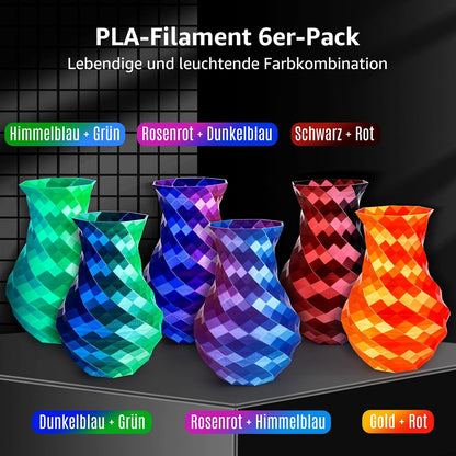 Dikale Silk PLA+ 3D-Druck Filament Zweifarbig 6er Pack - 1.75mm, 250g x 6 Spulen Bundle