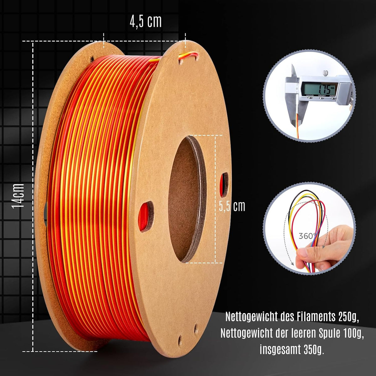 Dikale Silk PLA+ 3D-Druck Filament Zweifarbig 6er Pack - 1.75mm, 250g x 6 Spulen Bundle