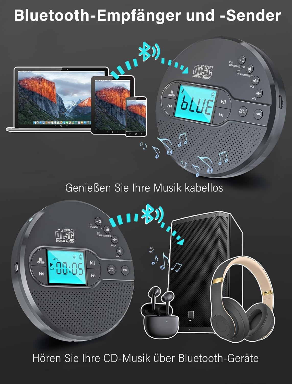 Discman-CD-Player 2000mAh mit Bluetooth-FM-Transmitter, Kopfhörern, LCD-Bildschirm, AUX,