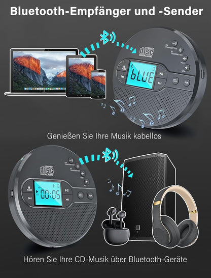 Discman-CD-Player 2000mAh mit Bluetooth-FM-Transmitter, Kopfhörern, LCD-Bildschirm, AUX,