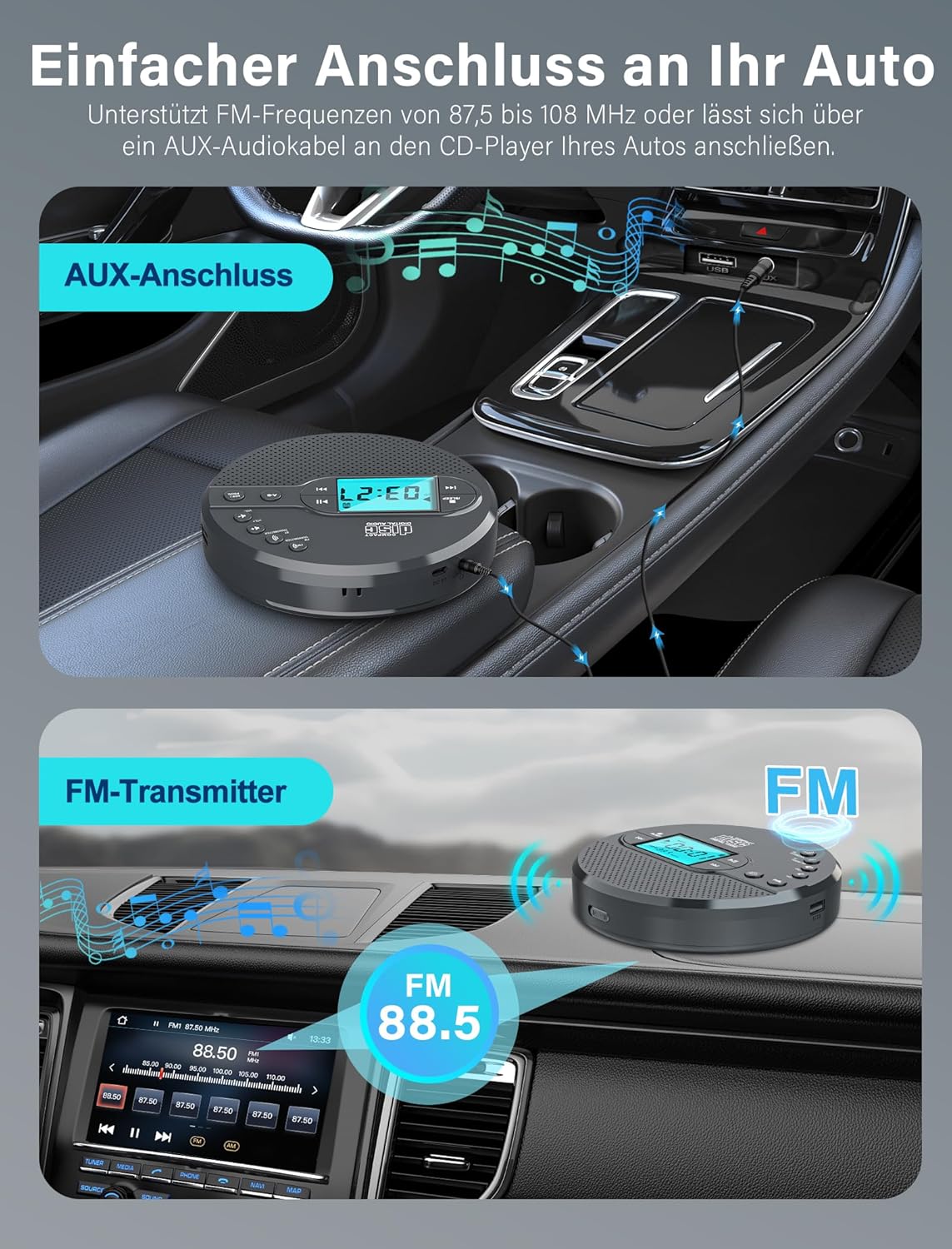 Discman-CD-Player 2000mAh mit Bluetooth-FM-Transmitter, Kopfhörern, LCD-Bildschirm, AUX,