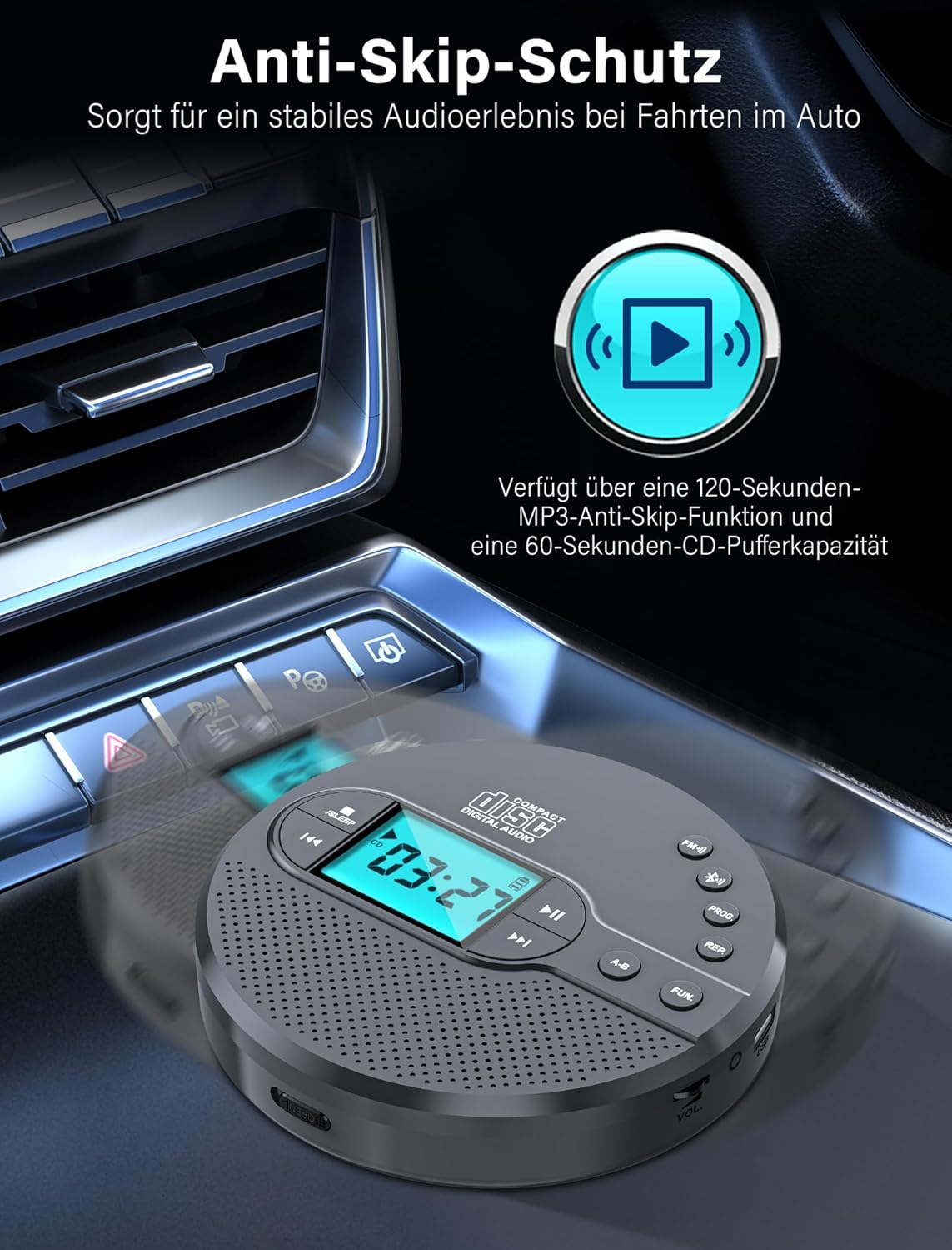 Discman-CD-Player 2000mAh mit Bluetooth-FM-Transmitter, Kopfhörern, LCD-Bildschirm, AUX,