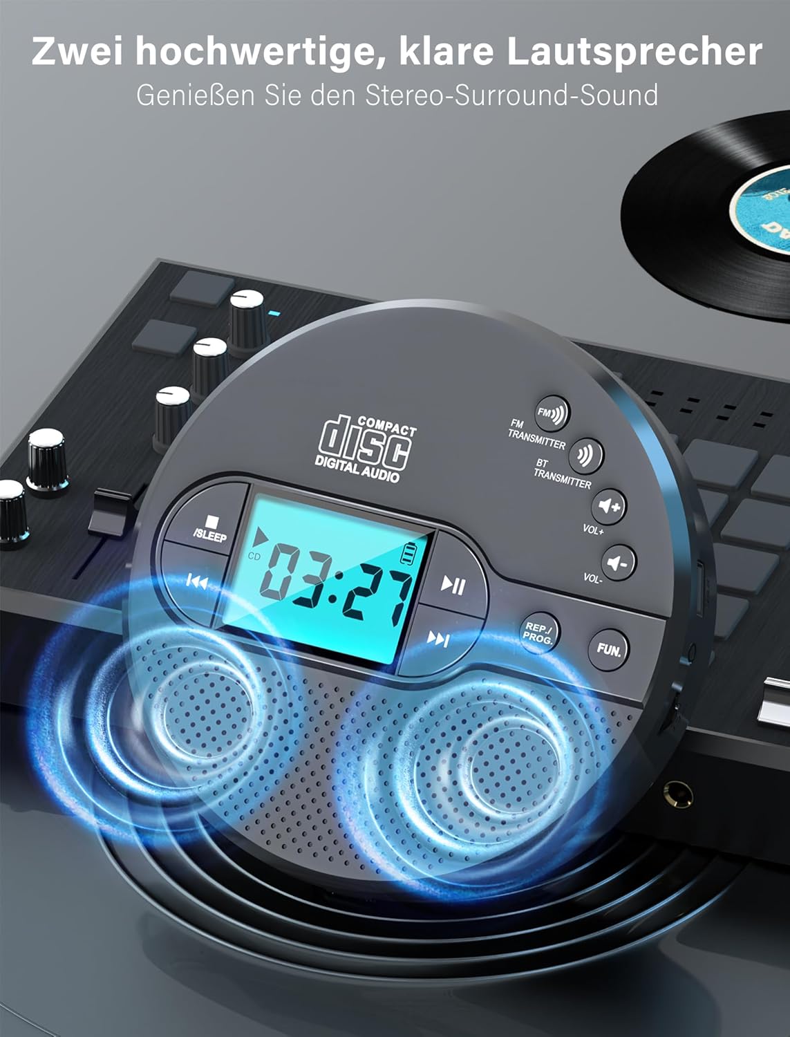 Discman-CD-Player 2000mAh mit Bluetooth-FM-Transmitter, Kopfhörern, LCD-Bildschirm, AUX,