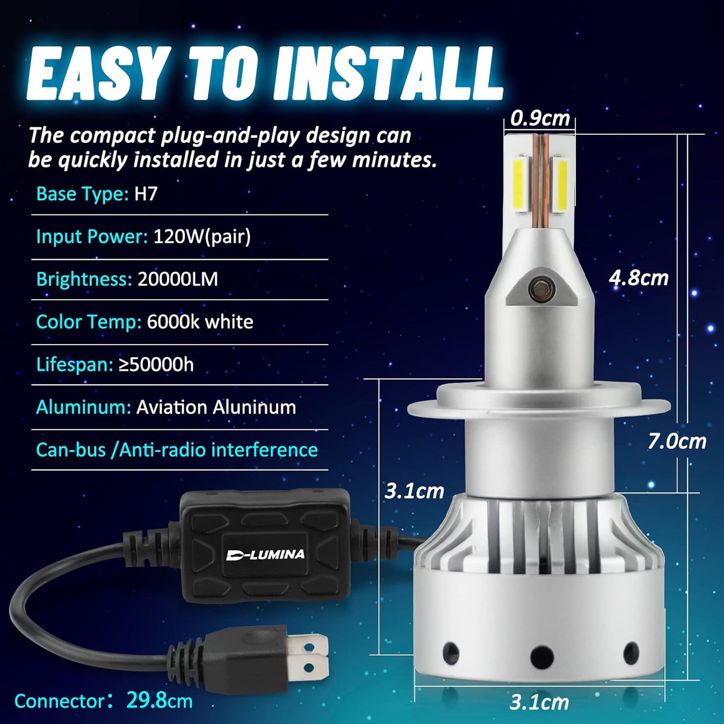 D-Lumina H7 LED-Scheinwerferlampe 120W 20000LM Auto-Lampen  6000K weiß 2 Stück