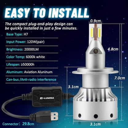 D-Lumina H7 LED-Scheinwerferlampe 120W 20000LM Auto-Lampen  6000K weiß 2 Stück