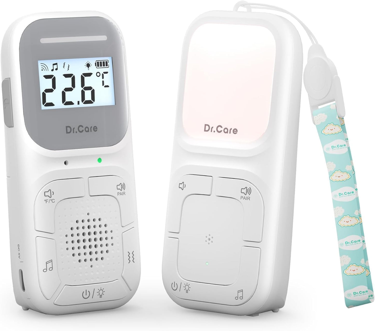 Dr.Care NeoGo Audio Baby Monitor – Vorgepaart, Gegensprechfunktion,Nachtlicht, Schlaflieder, Vibrationsalarm