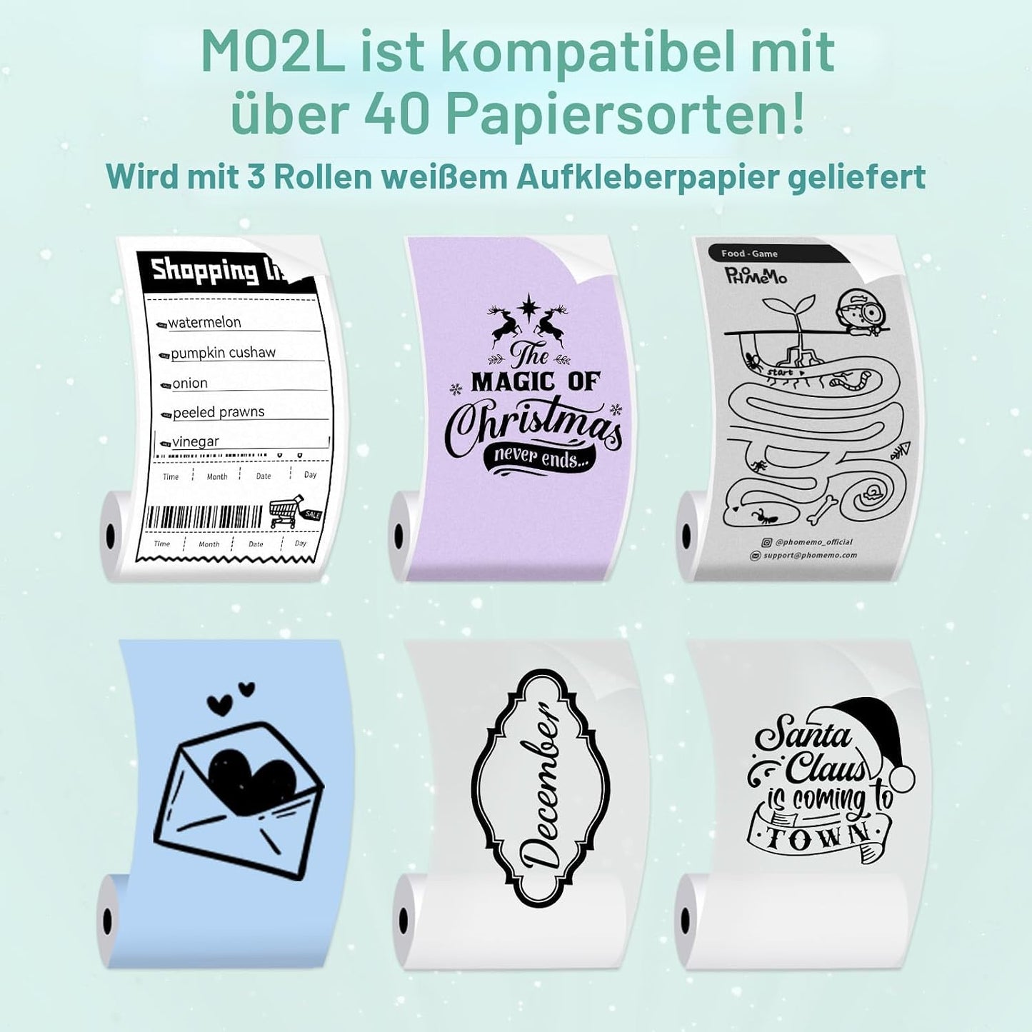 Sticker Drucker M02L Mini für Smartphone, Bluetooth Thermodrucker 203DPI, Farbig, inklusive 3 Papierrolle