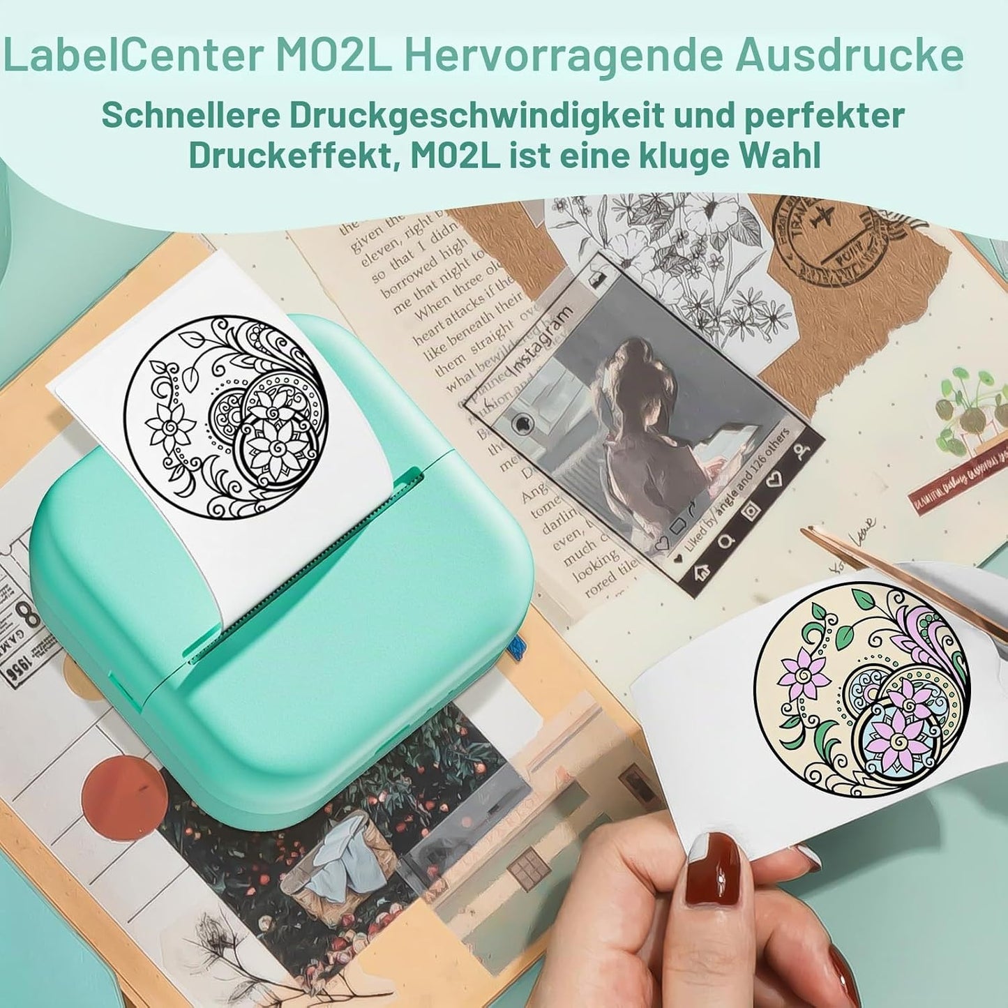 Sticker Drucker M02L Mini für Smartphone, Bluetooth Thermodrucker 203DPI, Farbig, inklusive 3 Papierrolle