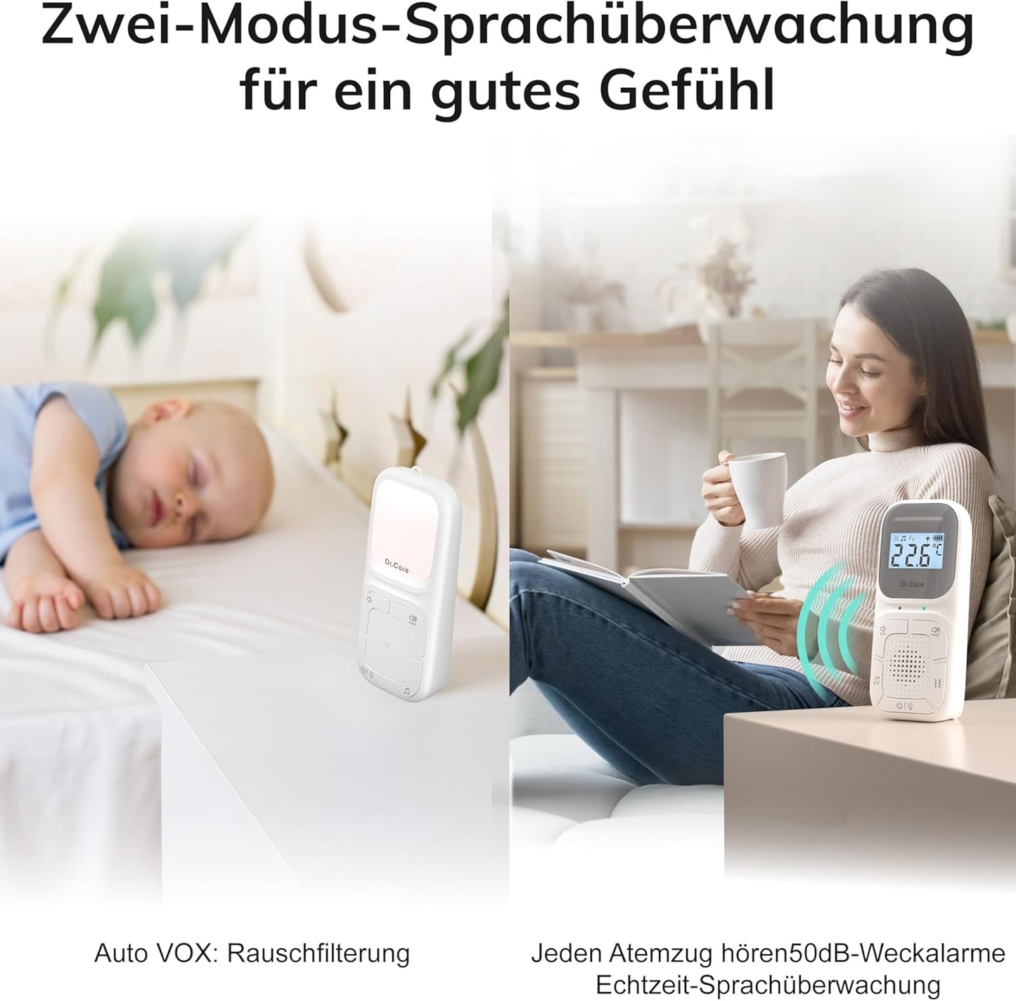 Dr.Care NeoGo Audio Baby Monitor – Vorgepaart, Gegensprechfunktion,Nachtlicht, Schlaflieder, Vibrationsalarm