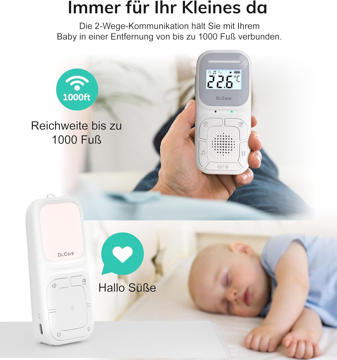 Dr.Care NeoGo Audio Baby Monitor – Vorgepaart, Gegensprechfunktion,Nachtlicht, Schlaflieder, Vibrationsalarm