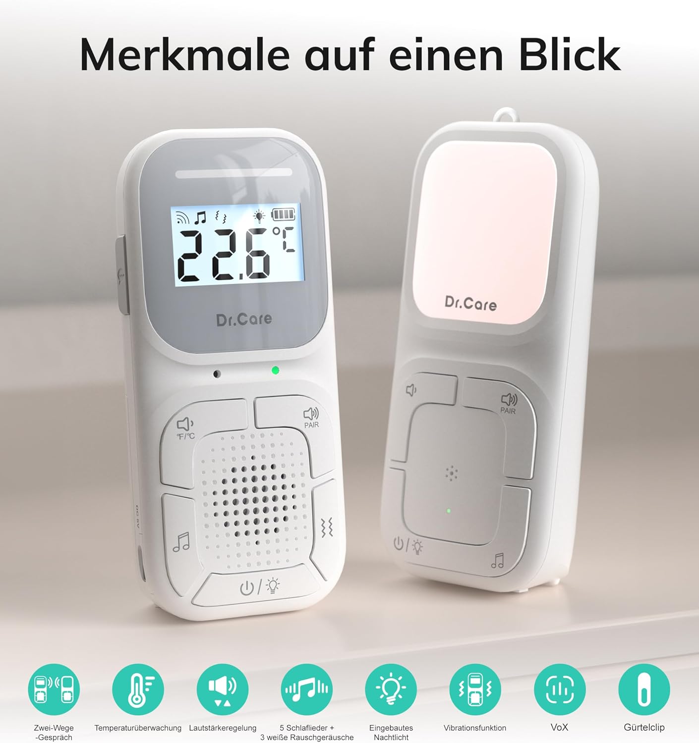 Dr.Care NeoGo Audio Baby Monitor – Vorgepaart, Gegensprechfunktion,Nachtlicht, Schlaflieder, Vibrationsalarm