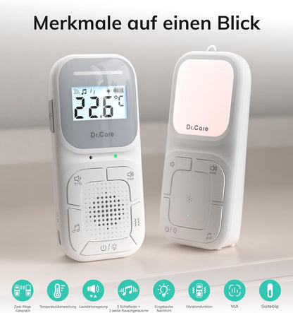 Dr.Care NeoGo Audio Baby Monitor – Vorgepaart, Gegensprechfunktion,Nachtlicht, Schlaflieder, Vibrationsalarm