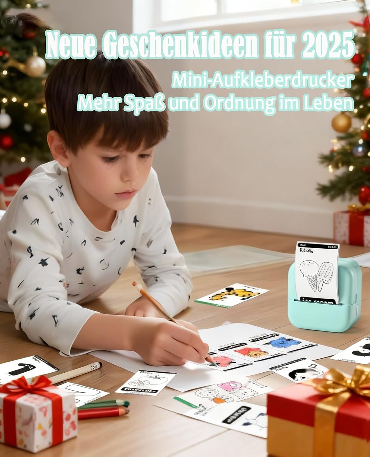 Sticker Drucker M02L Mini für Smartphone, Bluetooth Thermodrucker 203DPI, Farbig, inklusive 3 Papierrolle