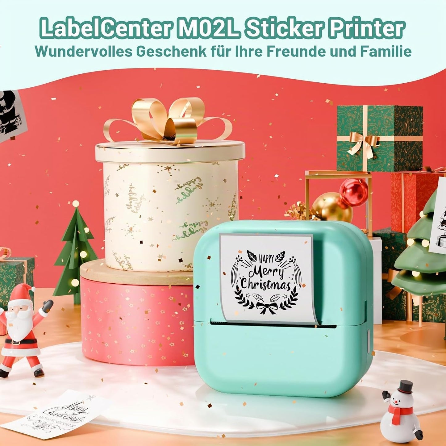 Sticker Drucker M02L Mini für Smartphone, Bluetooth Thermodrucker 203DPI, Farbig, inklusive 3 Papierrolle