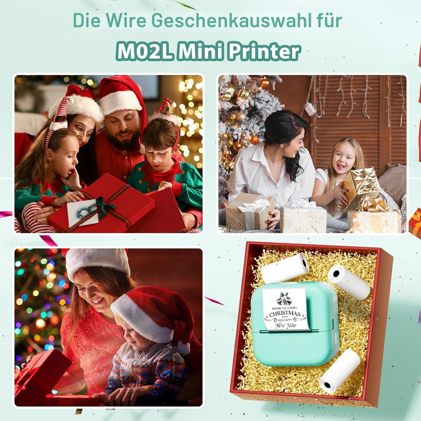 Sticker Drucker M02L Mini für Smartphone, Bluetooth Thermodrucker 203DPI, Farbig, inklusive 3 Papierrolle