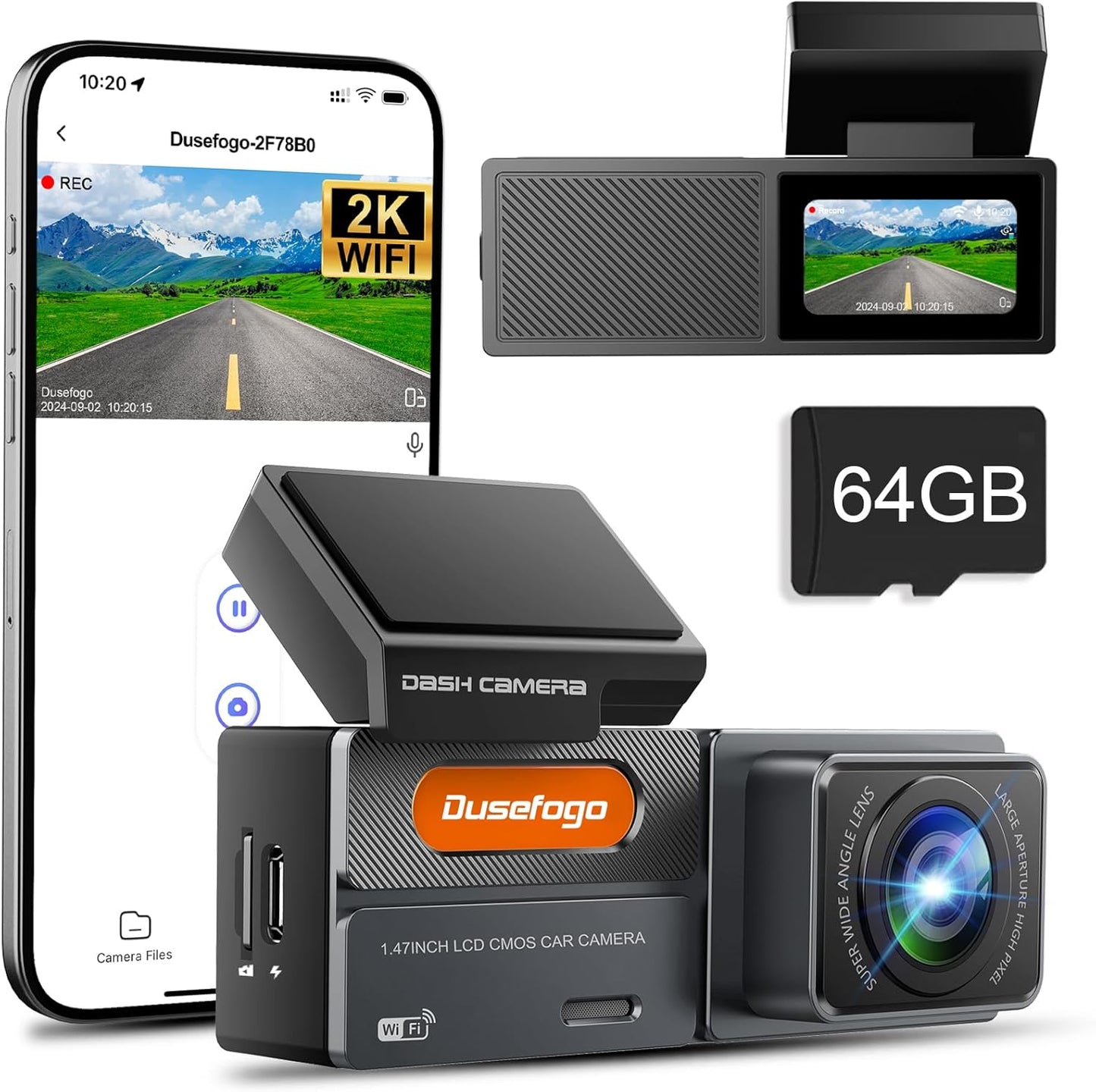 Dusefogo Auto-Dashcam (Frontkamera, 2K, WLAN, 64 GB Speicherkarte), Super-Nachtsicht, WDR
