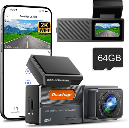 Dusefogo Auto-Dashcam (Frontkamera, 2K, WLAN, 64 GB Speicherkarte), Super-Nachtsicht, WDR