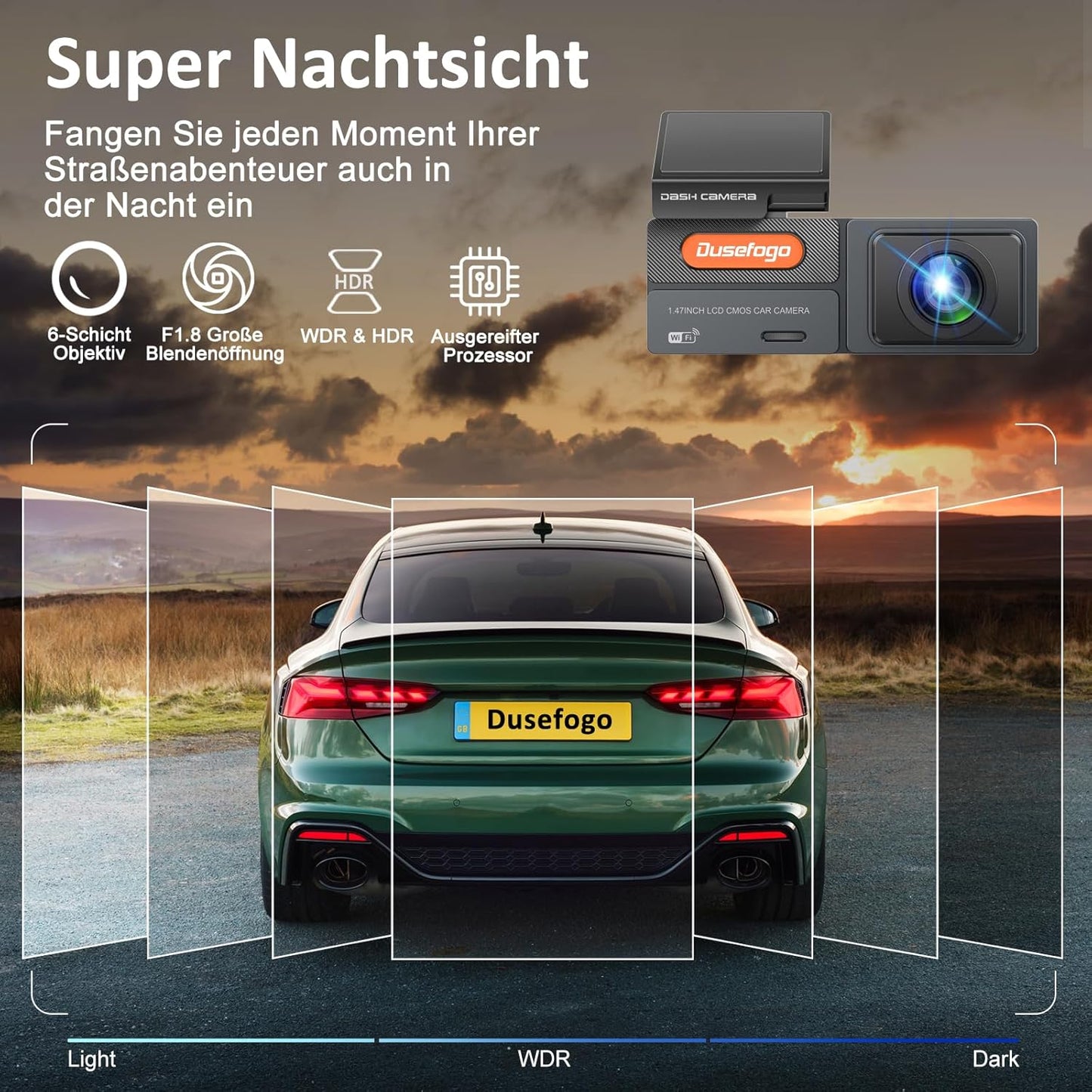 Dusefogo Auto-Dashcam (Frontkamera, 2K, WLAN, 64 GB Speicherkarte), Super-Nachtsicht, WDR