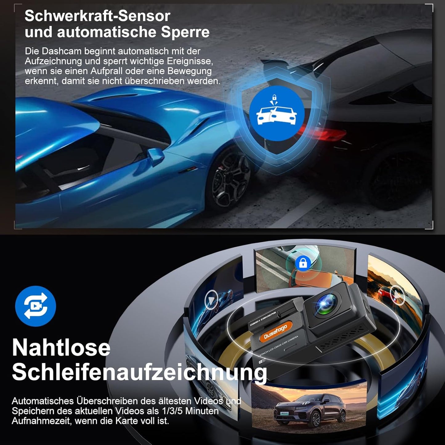 Dusefogo Auto-Dashcam (Frontkamera, 2K, WLAN, 64 GB Speicherkarte), Super-Nachtsicht, WDR