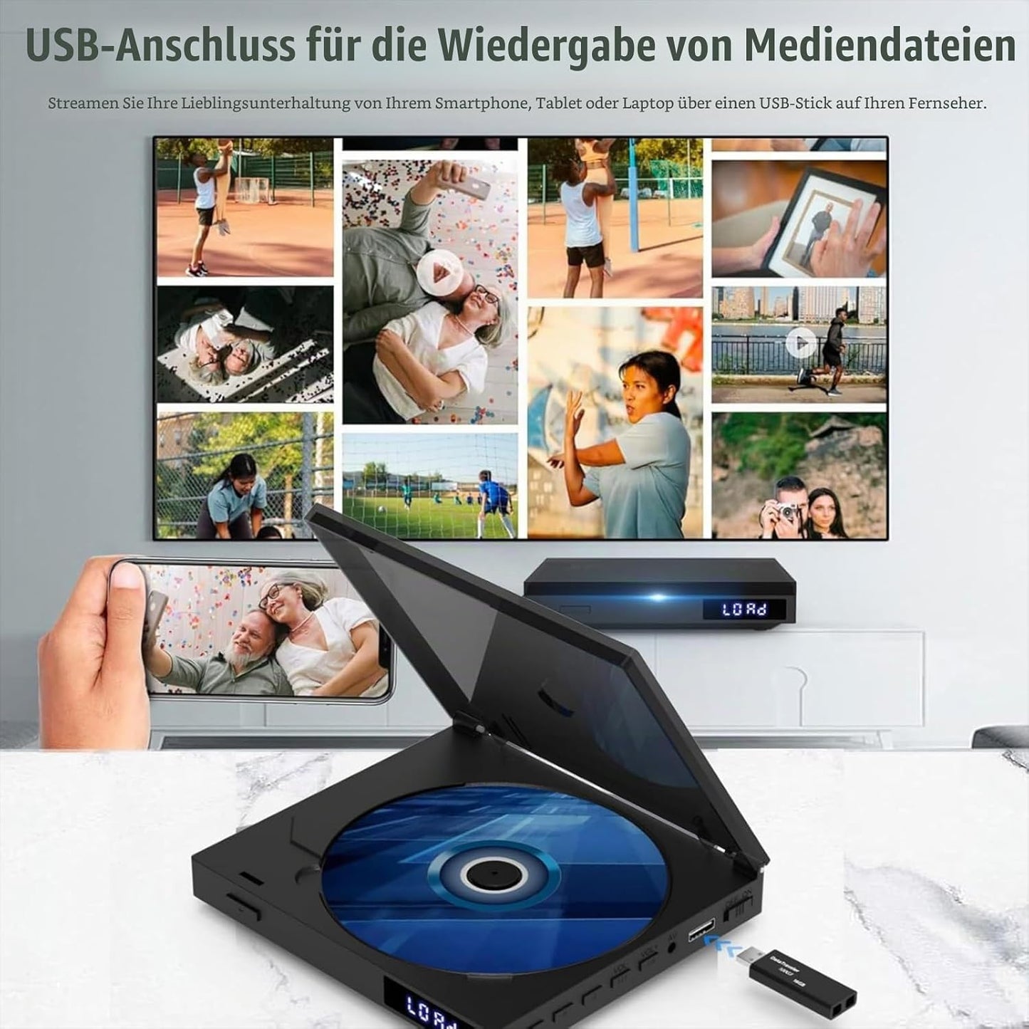 Mini-DVD-Player für TV, DVD-Player USB,1080P HD Upscaling,HDMI, RCA & AUX