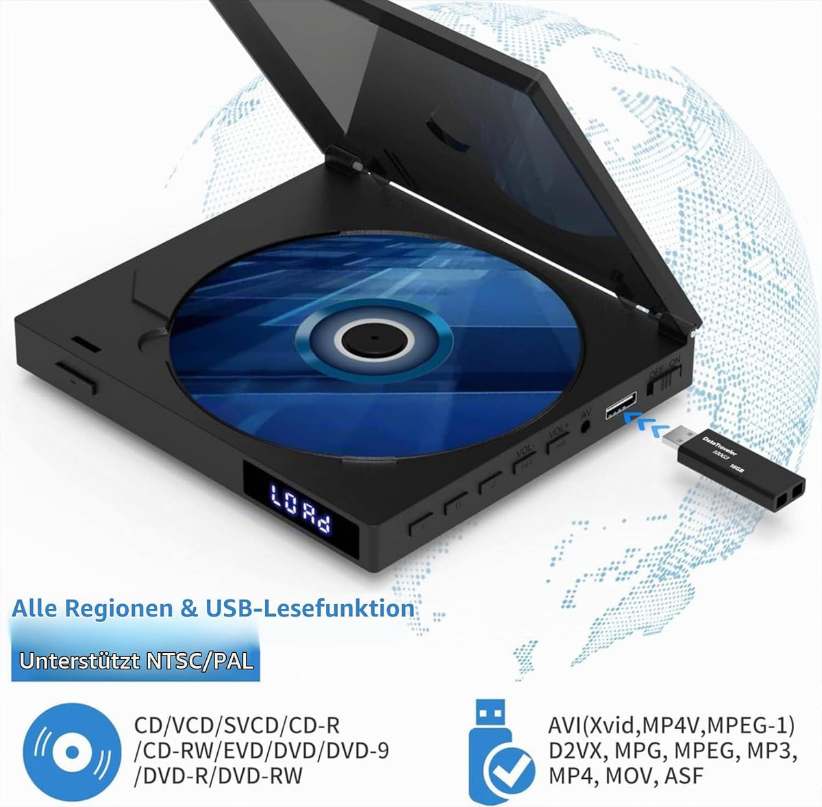 Mini-DVD-Player für TV, DVD-Player USB,1080P HD Upscaling,HDMI, RCA & AUX