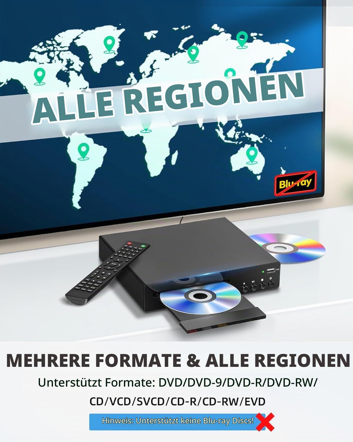 DVD Player HDMI für Fernseher, unterstützt 1080P, NSTC/PAL,mit HDMI&RCA-Kabel, Fernbedienung
