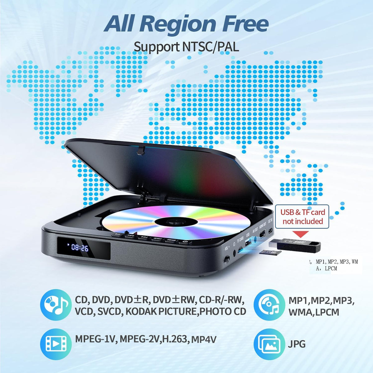 DVD Player HDMI für Fernseher, HD 1080P, mit HDMI/AV für TV, 1080P Full HD, USB/TF