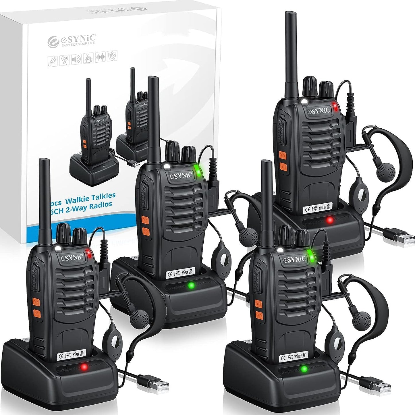 eSynic Walkie-Talkies (4 stück) für Erwachsene, kabellos, VOX, 2-Wege-Radio