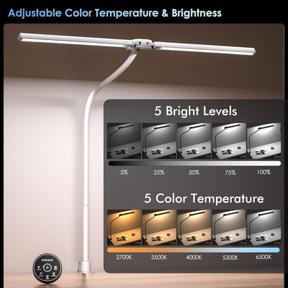EYOCEAN Schreibtischlampe, Doppelkopf Klemmbar, 24W 80cm mit Fernbedienung, Dimmbar Mattweiß
