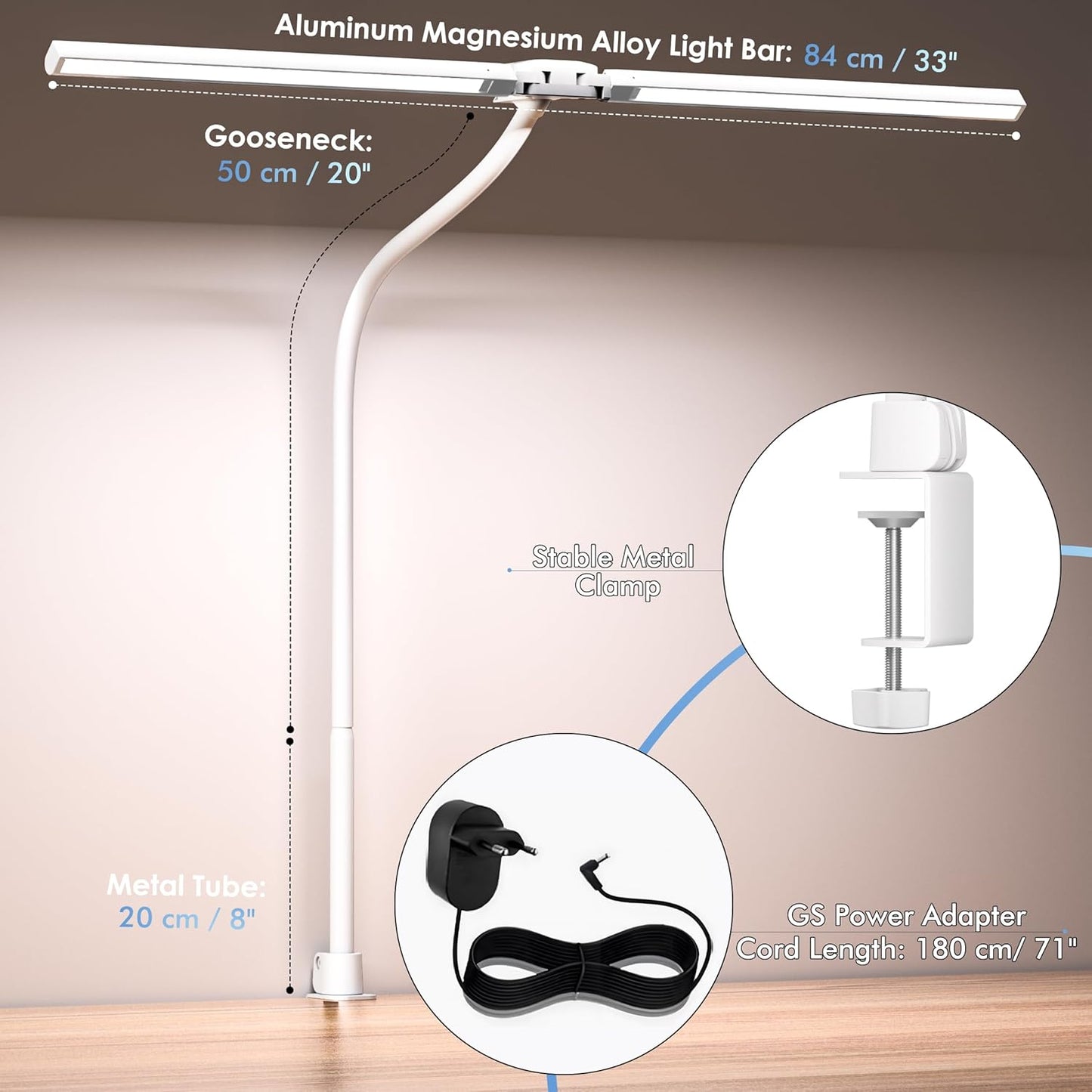 EYOCEAN Schreibtischlampe, Doppelkopf Klemmbar, 24W 80cm mit Fernbedienung, Dimmbar Mattweiß