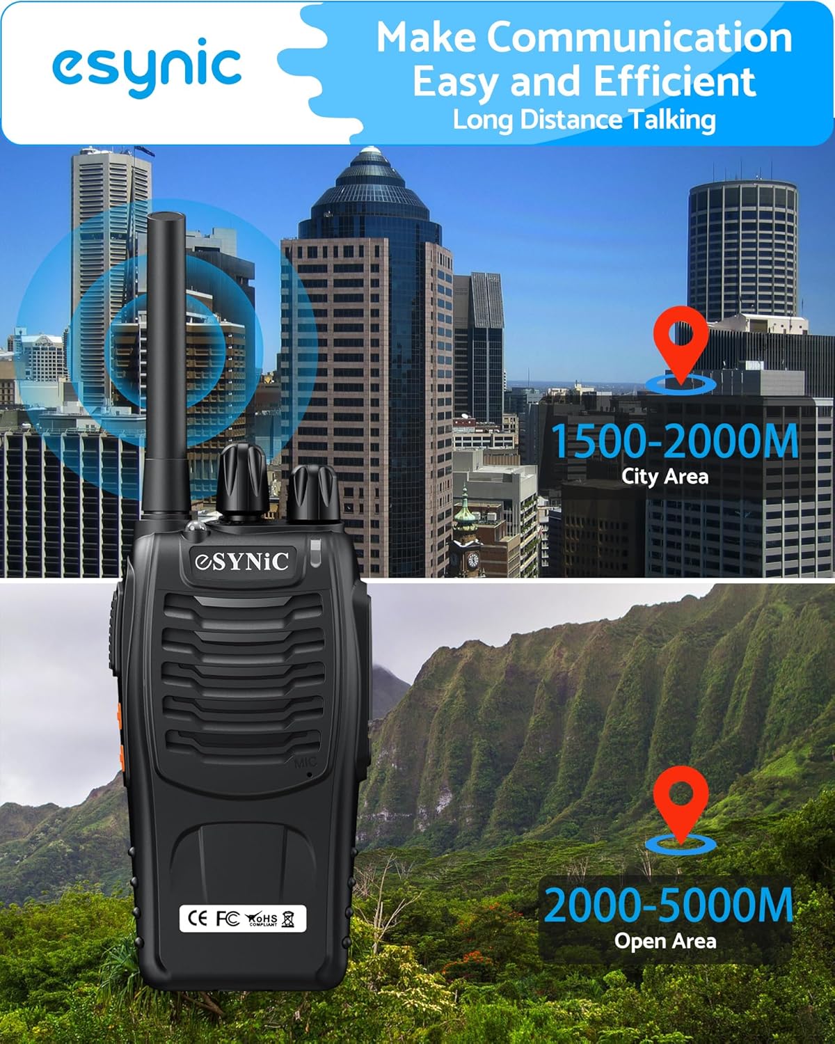 eSynic Walkie-Talkies (4 stück) für Erwachsene, kabellos, VOX, 2-Wege-Radio