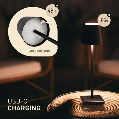 Climaqx Designer-Tischlampe – Dimmbare LED-Lampe für den Außen- und Innenbereich – USB-Restaurantlampe (Schwarz) [Energieklasse A++]