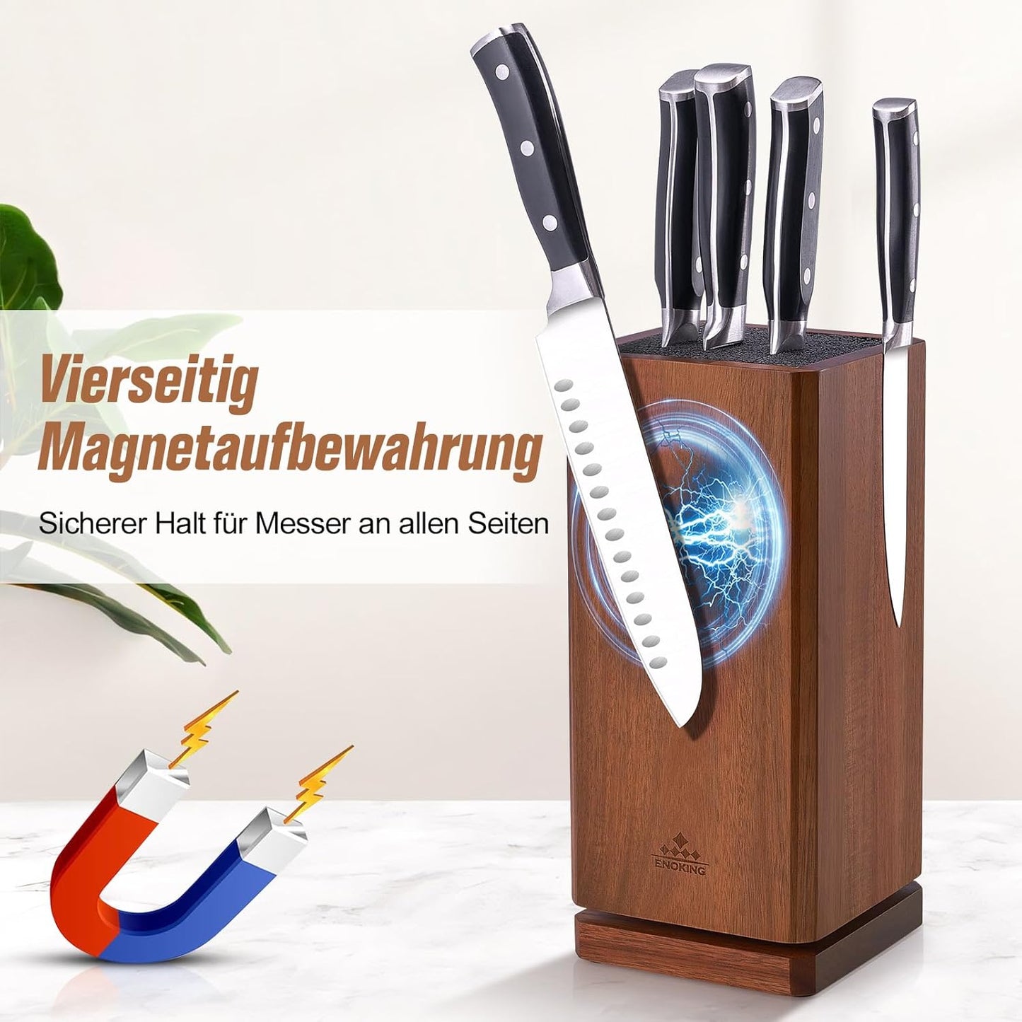 ENOKING Messerblock Magnetisch ohne Messer, 360°drehbar Magnetischer mit Borsteneinsatz